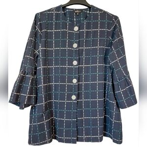 YUSHI Women's Plus Sz XXL Blue Check Cotton 3/4 Bell Sleeves Button Tunic Jacket